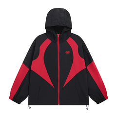 Syna world Black Red Color Block Hooded Windbreaker Jacket