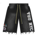 Vale Forever Distressed Frayed Hem Washed Black Graphic Sweat Shorts