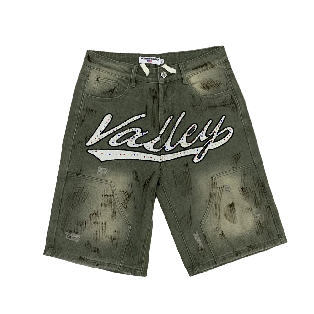Vale Forever Sage Green Vintage Graffiti Denim Shorts