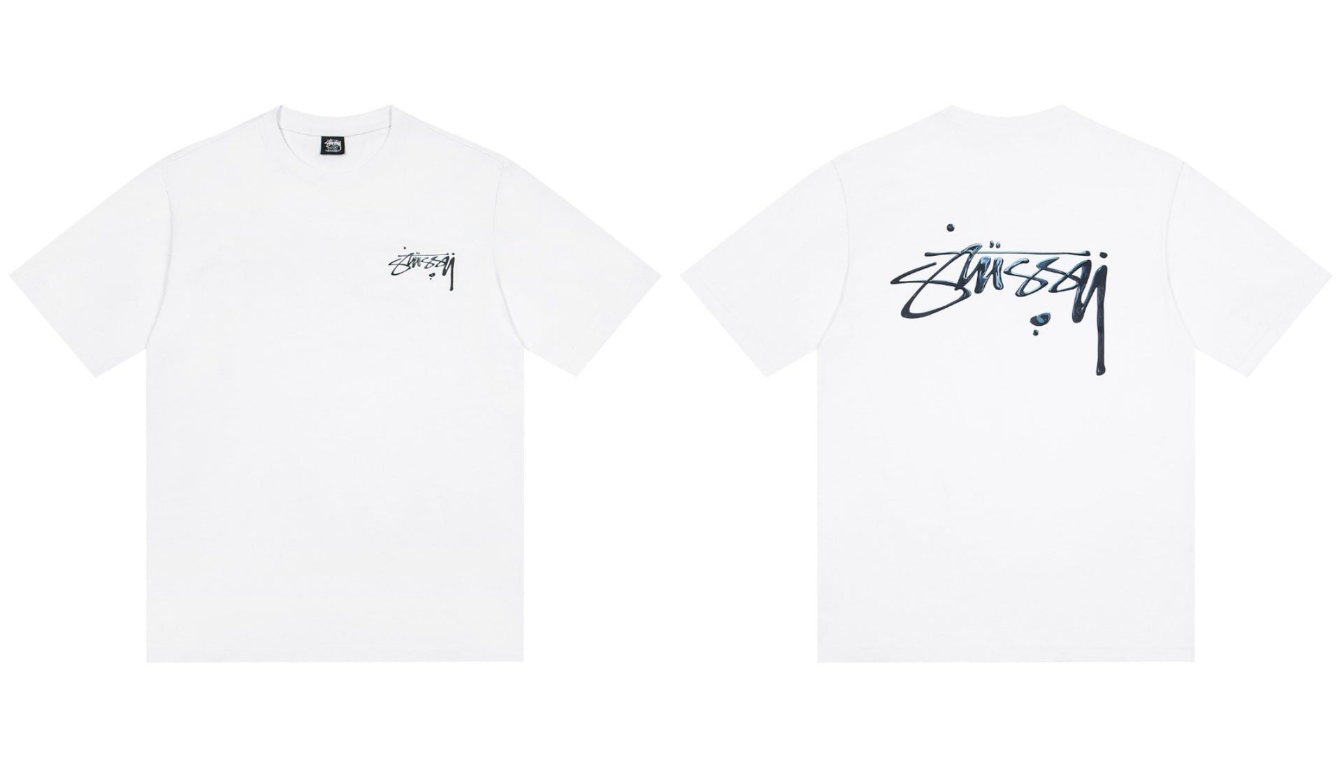 Stussy Drip Script Logo Front And Back Short Sleeve Tee