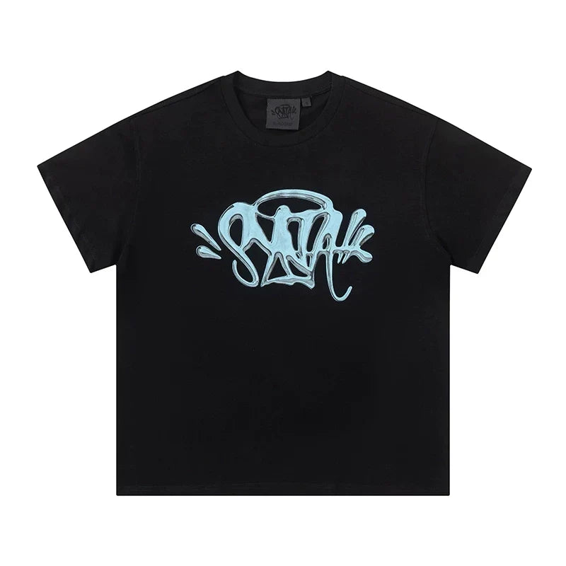 Syna World Vintage Oversized Graffiti Tag Graphic Tee (Black / Light Blue)