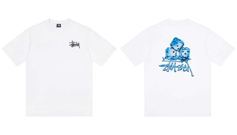 Stussy Melting Blue Dice Front And Back Graphic Short Sleeve Tee