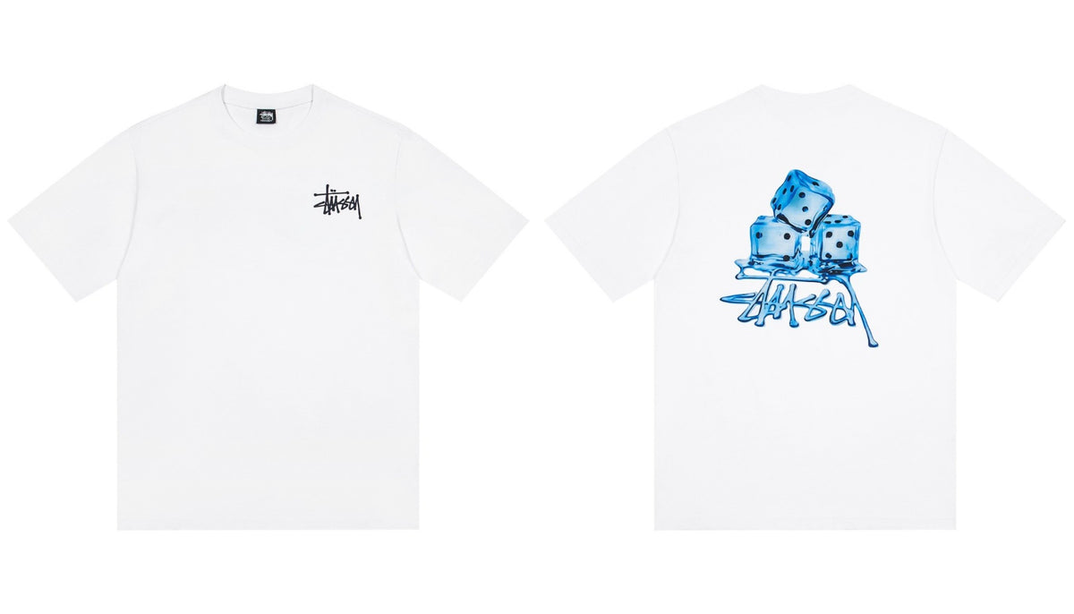 Stussy Melting Blue Dice Front And Back Graphic Short Sleeve Tee