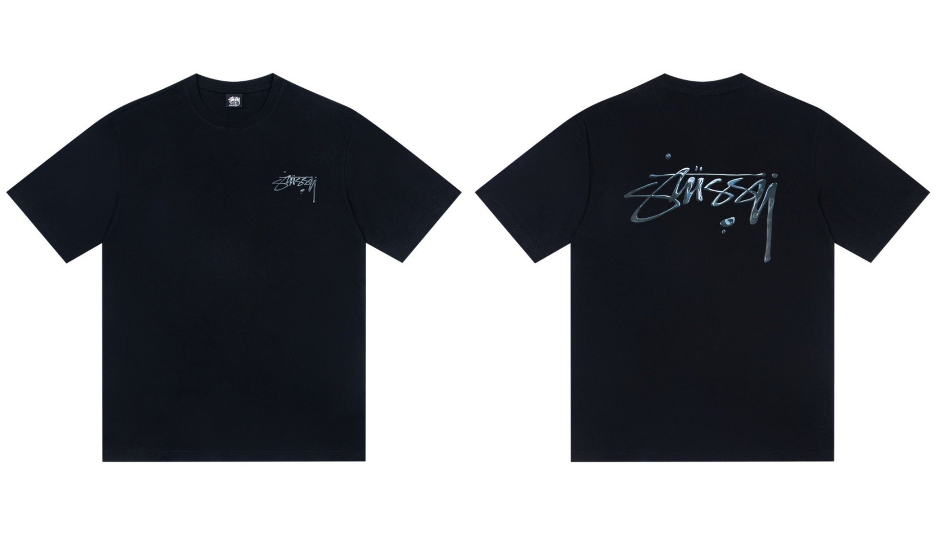 Stussy Drip Script Logo Front And Back Short Sleeve Tee