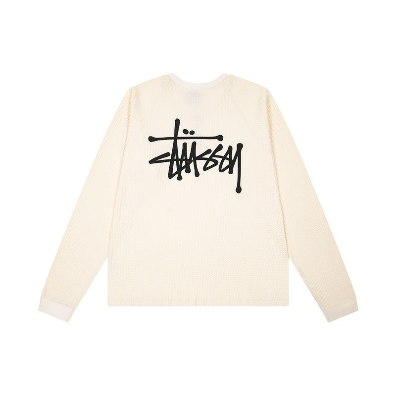 Stussy Cream Signature Script Waffle Knit Long Sleeve Tee