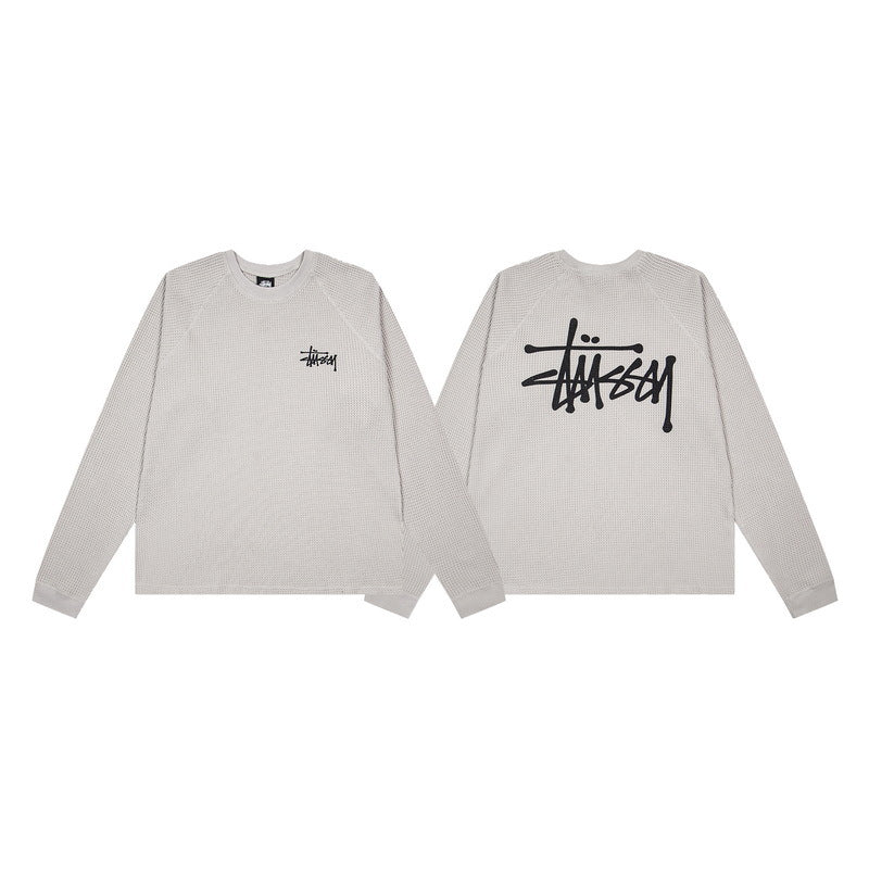 Stussy Light Grey Signature Script Waffle Knit Long Sleeve Tee