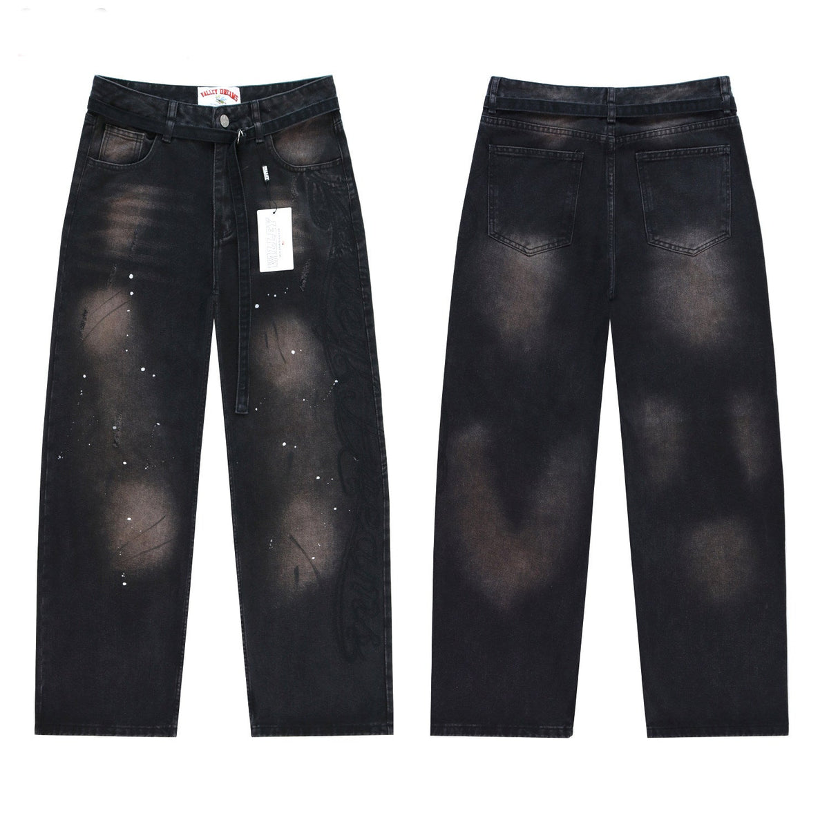 Vale Forever Black Faded Embroidery Splash Wide Leg Jeans