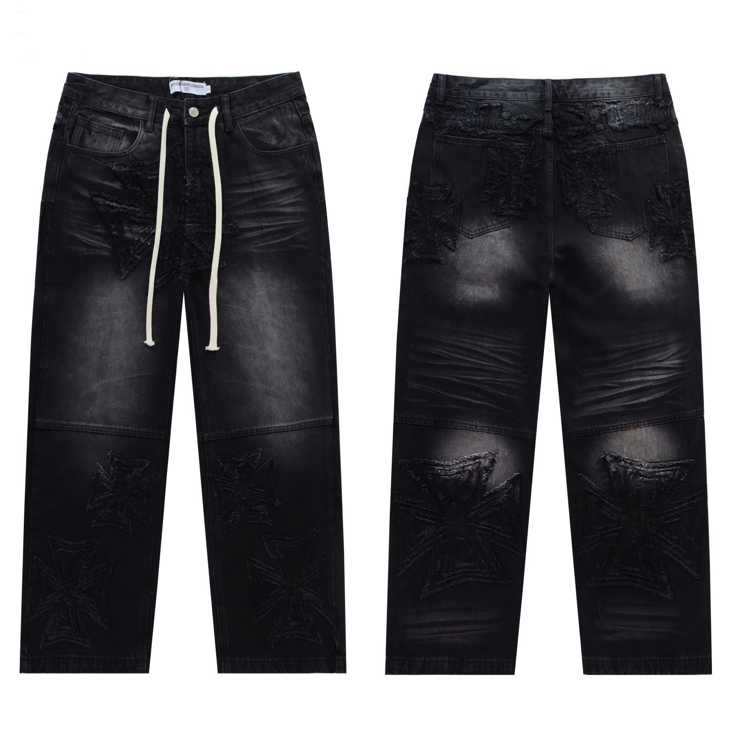 Vale Forever Black Frayed Cross Patch Drawstring Wide Leg Jeans