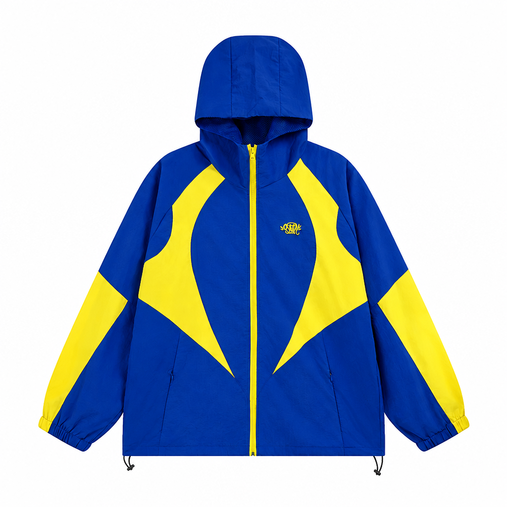 Royal blue hooded jacket with bright yellow panels